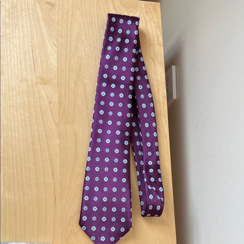 Ermenegildo Zegna Burgundy Silk Tie with Light Blue Floral Motif